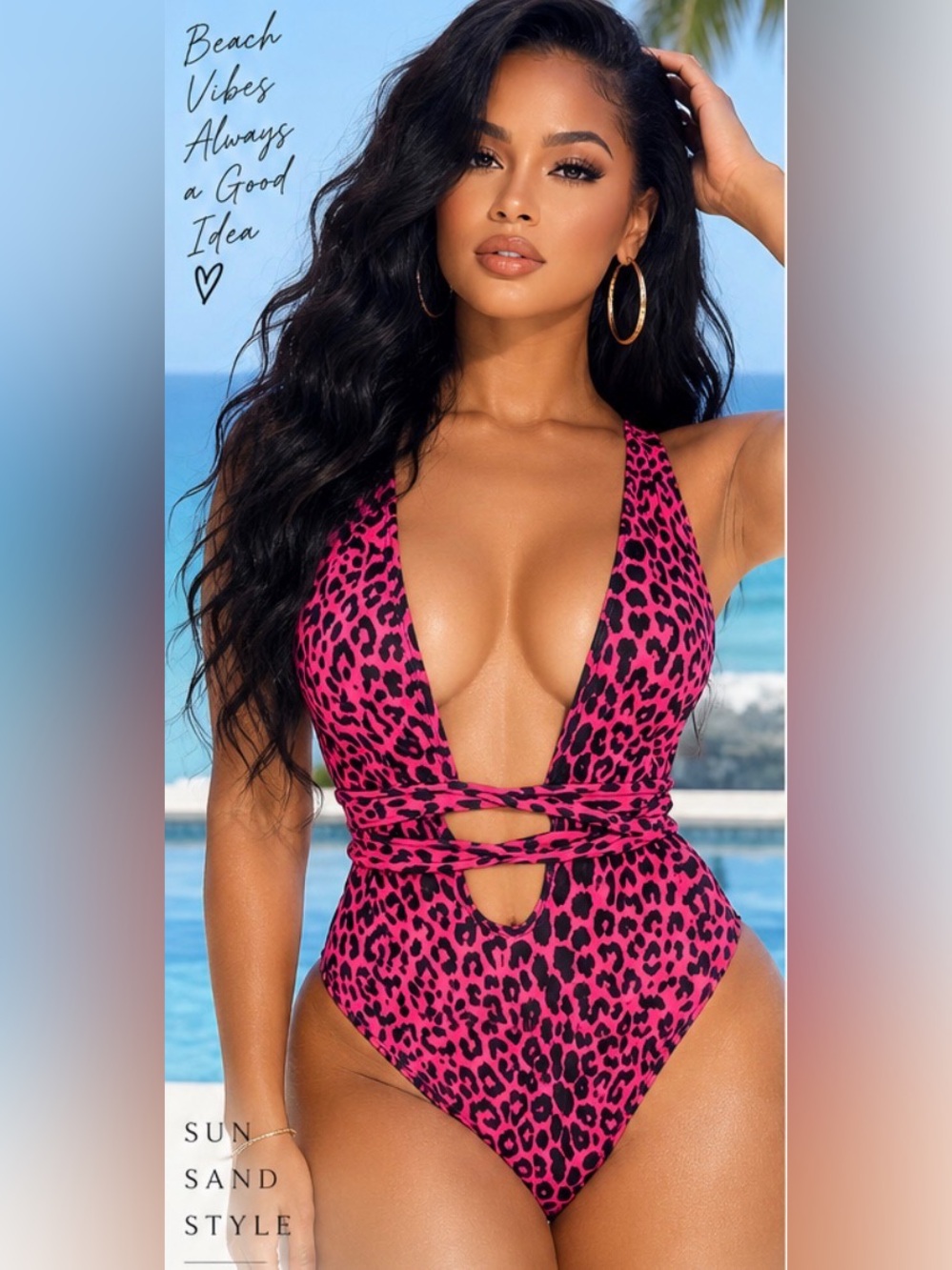 Hot Pink Black Leopard Print Plunge Cutout Wrap One Piece Swimsuit